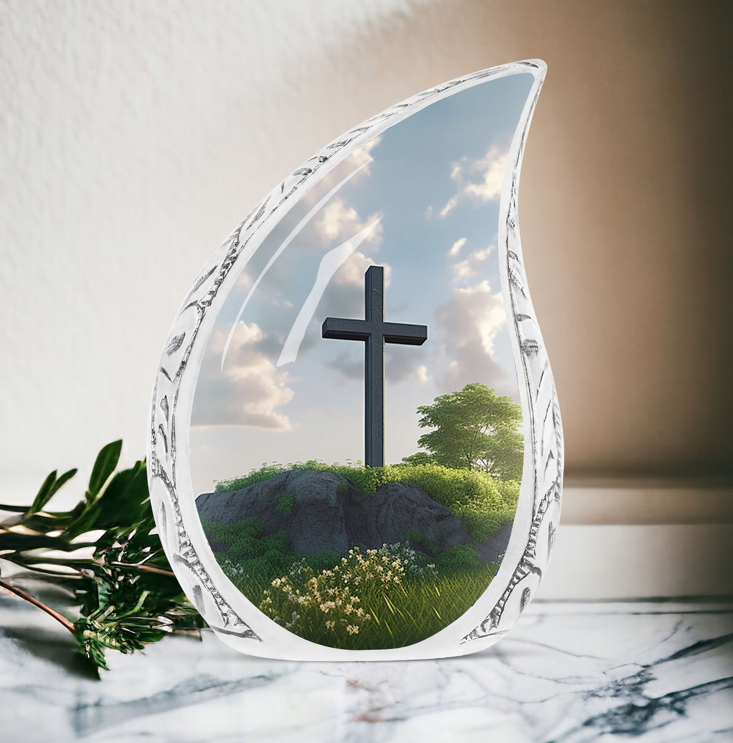 Large Christ-themed urn for adult ashes with serene garden background, ideal for memorial