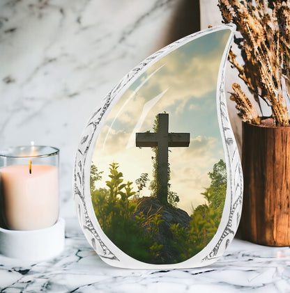 Large Christ themed burial urn with plant background, unique container for adult human ashes