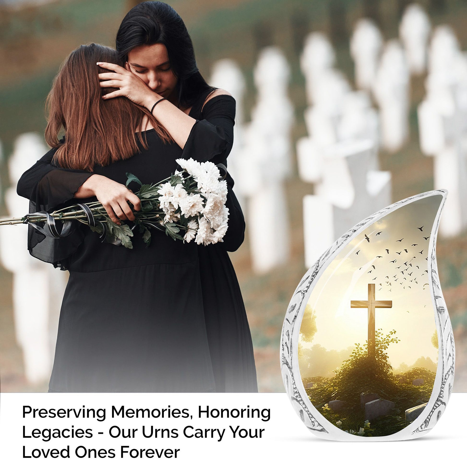 Large Christ themed funeral urn with sunset in forest background, ideal for adult human ashes burial