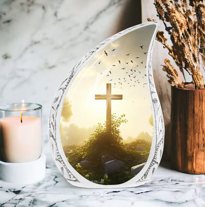 Large Christ themed funeral urn with sunset in forest background, ideal for adult human ashes burial