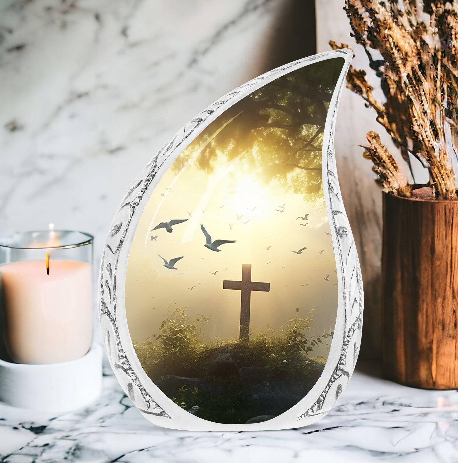Large Christ-themed funeral urn set against a sunset in the forest with birds, ideal for adult ashes.