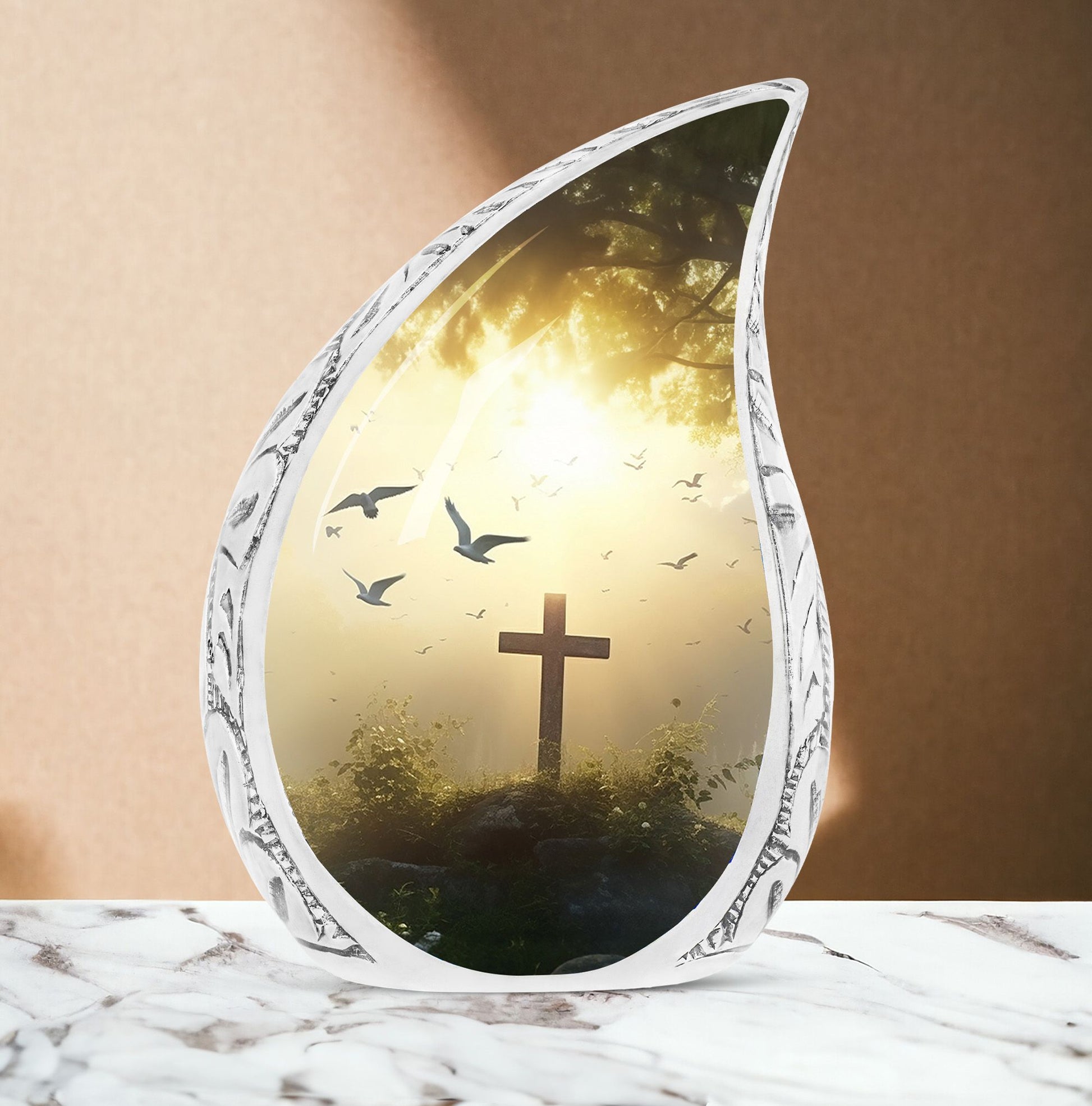 Large Christ-themed funeral urn set against a sunset in the forest with birds, ideal for adult ashes.