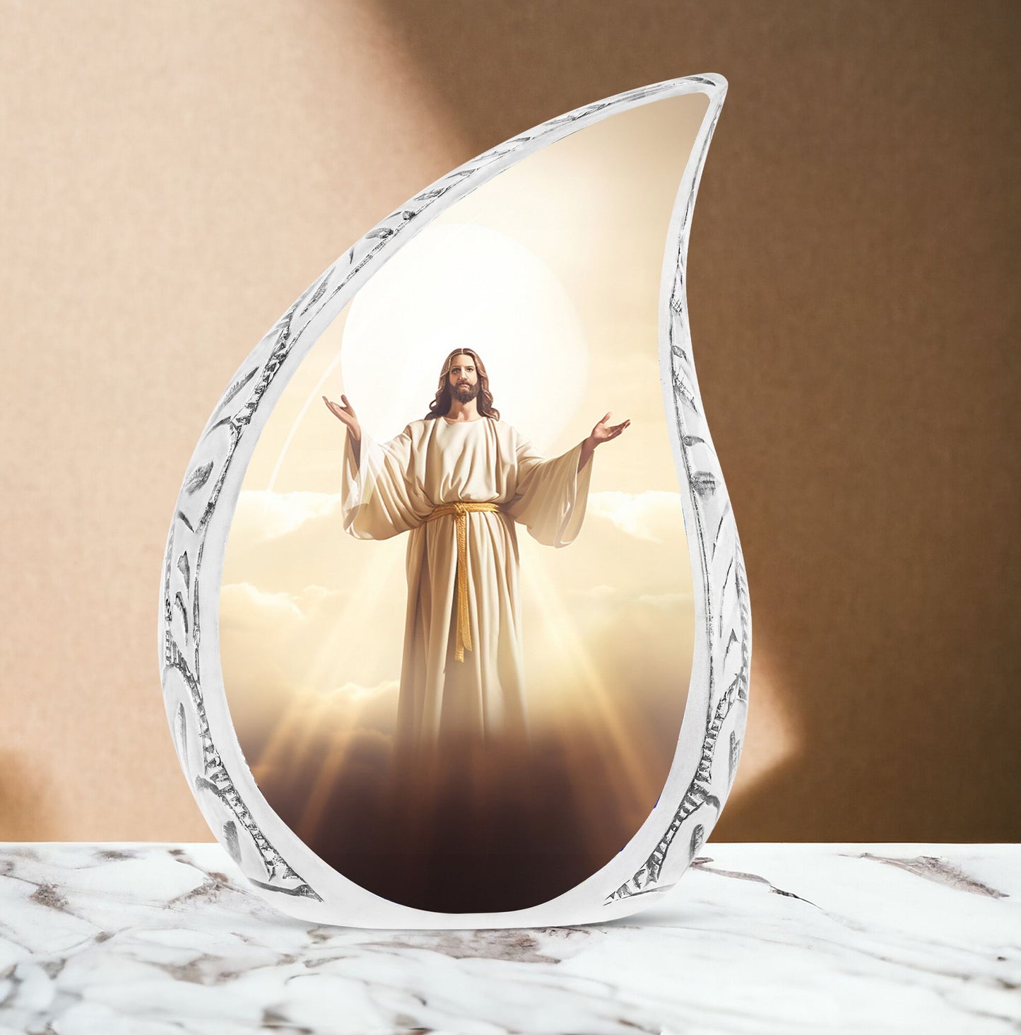 Silver large urn with Jesus Christ on sun background, uniquely designed cremation urn for adult human ashes