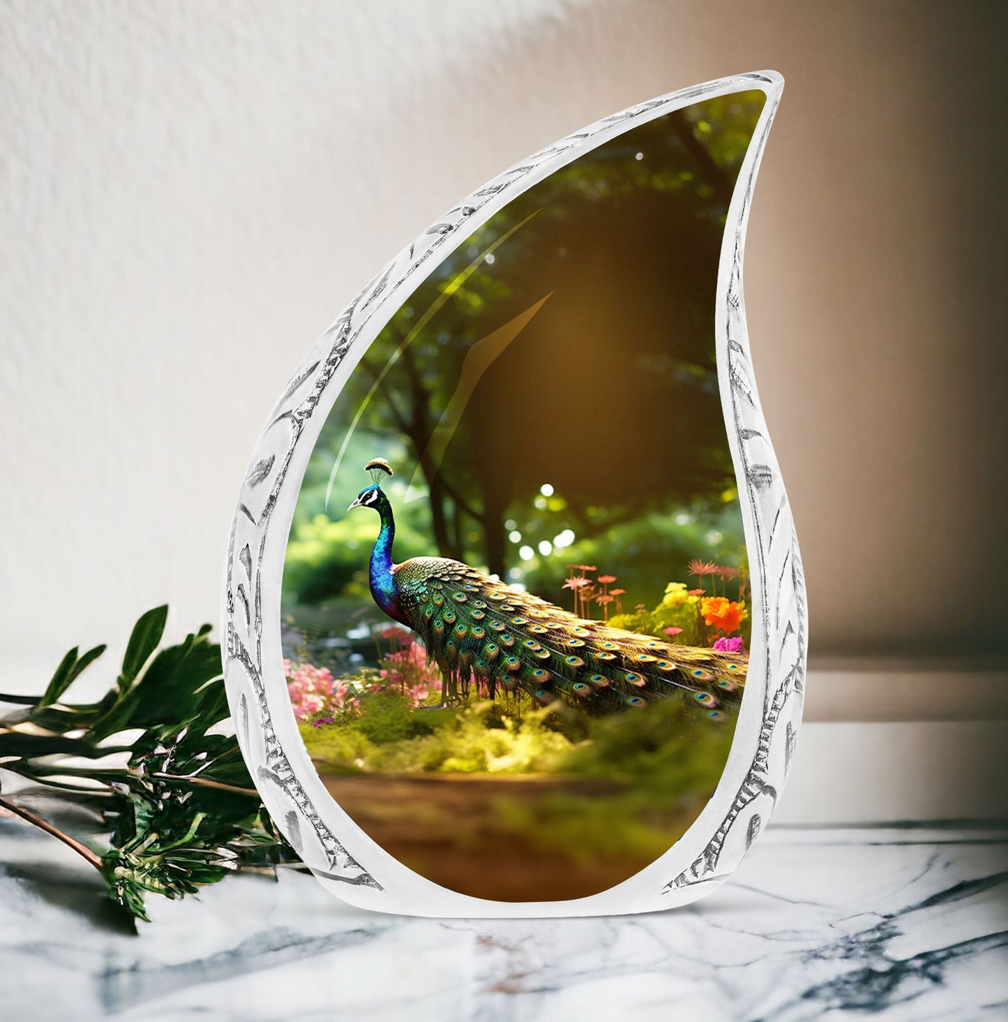 Large urn for human ashes featuring a colorful peacock in a vibrant garden, a unique cremation urn perfect for mom or any adult male.