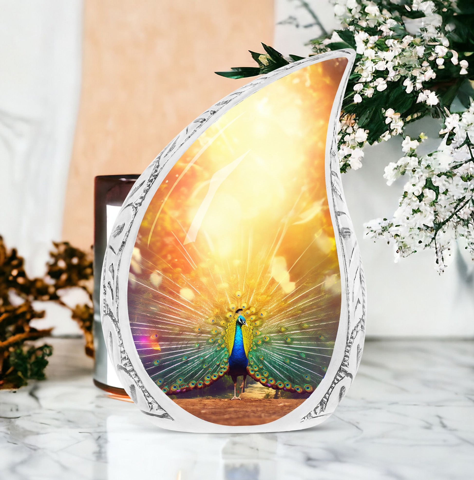 Stunning large Glorious Peacock urn for ashes, a thoughtfully crafted cremation urn for women, adding a unique touch to funeral decorations.