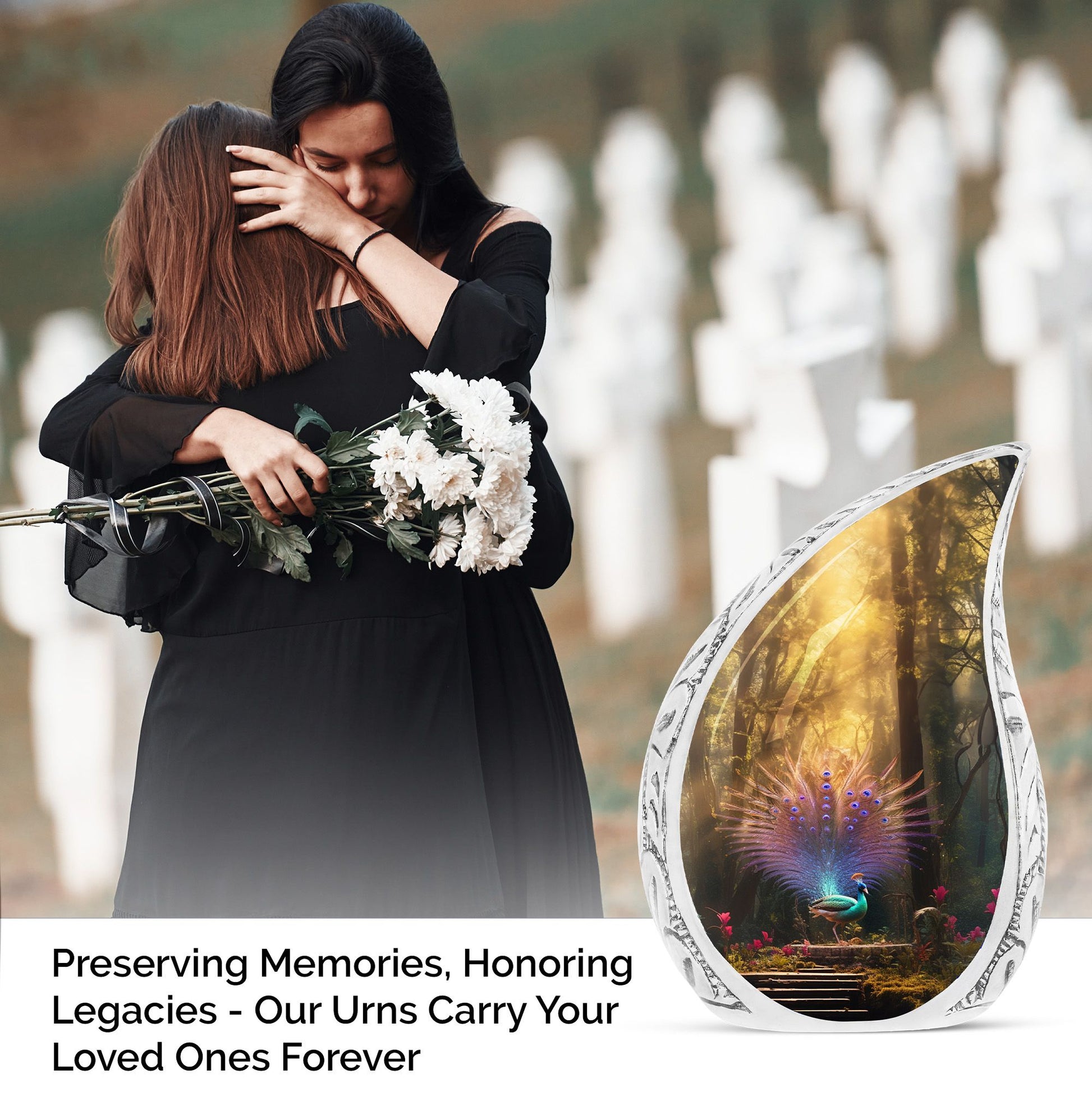 Large majestic peacock urn, ideal for adult human ashes, burial or cremation keepsake