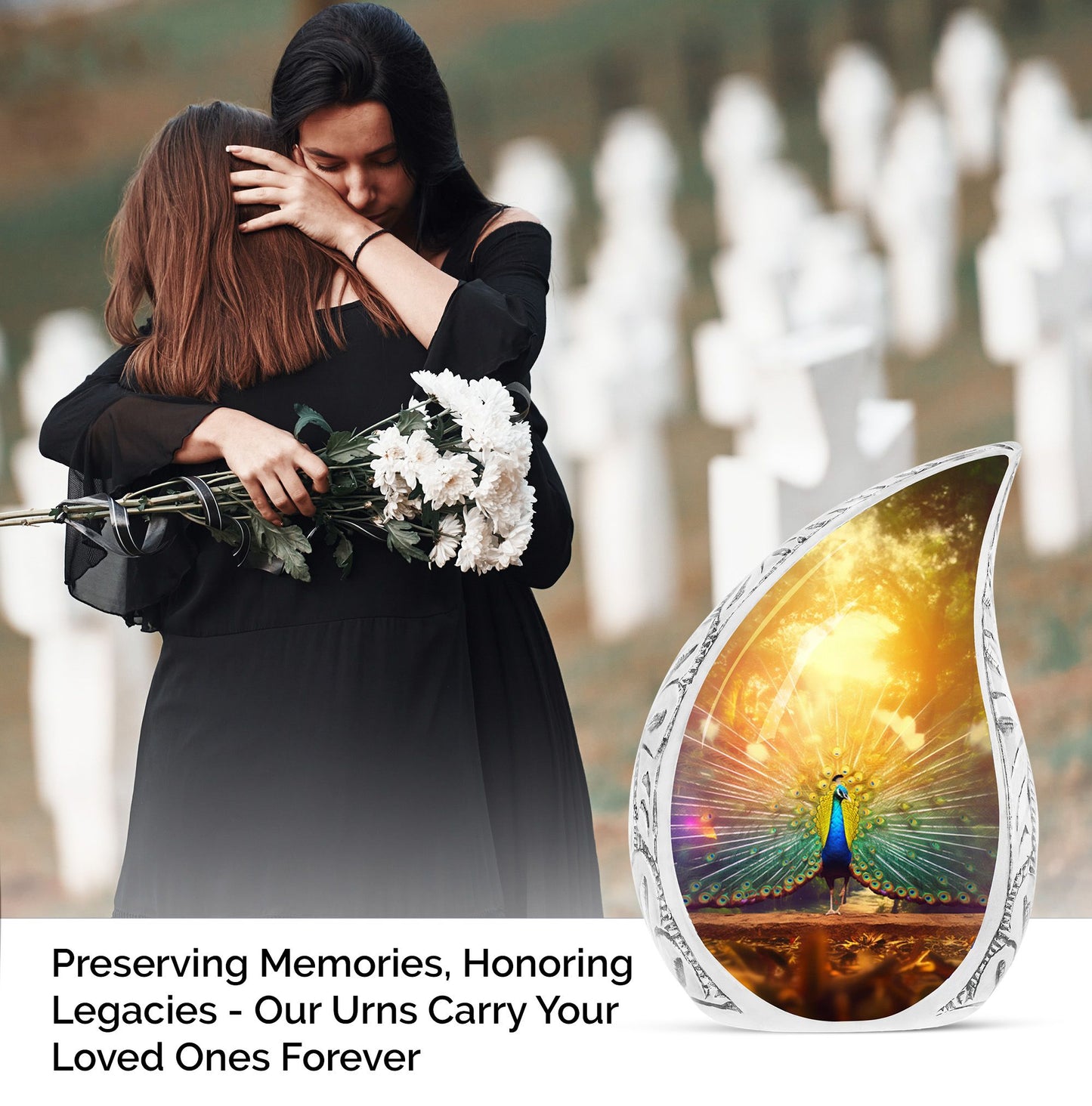 Large, artistic peacock themed funeral urn for adults, perfect for storing ashes with dignity and elegance