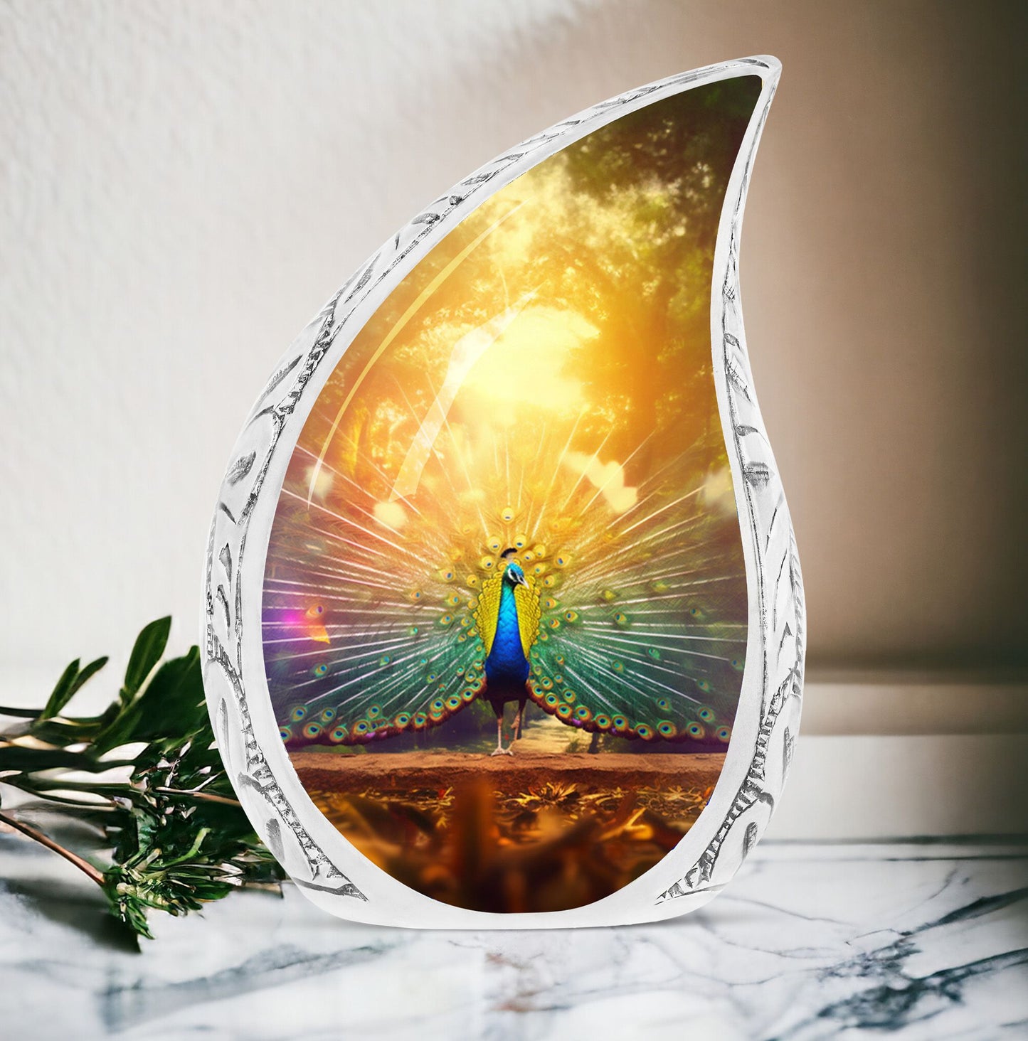 Large, artistic peacock themed funeral urn for adults, perfect for storing ashes with dignity and elegance