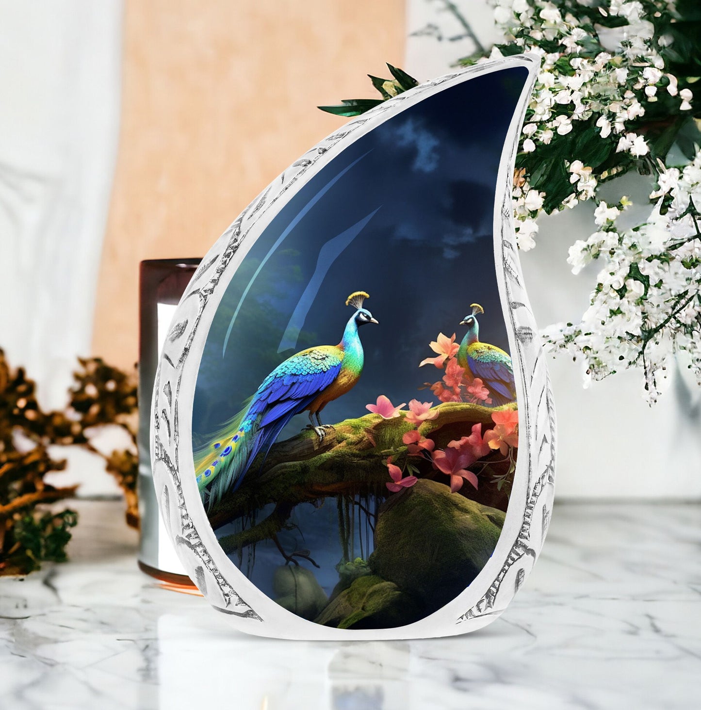 Large Peacock themed urn for ashes, suitable for women and burial in ground, representing the face-off motif in nature.