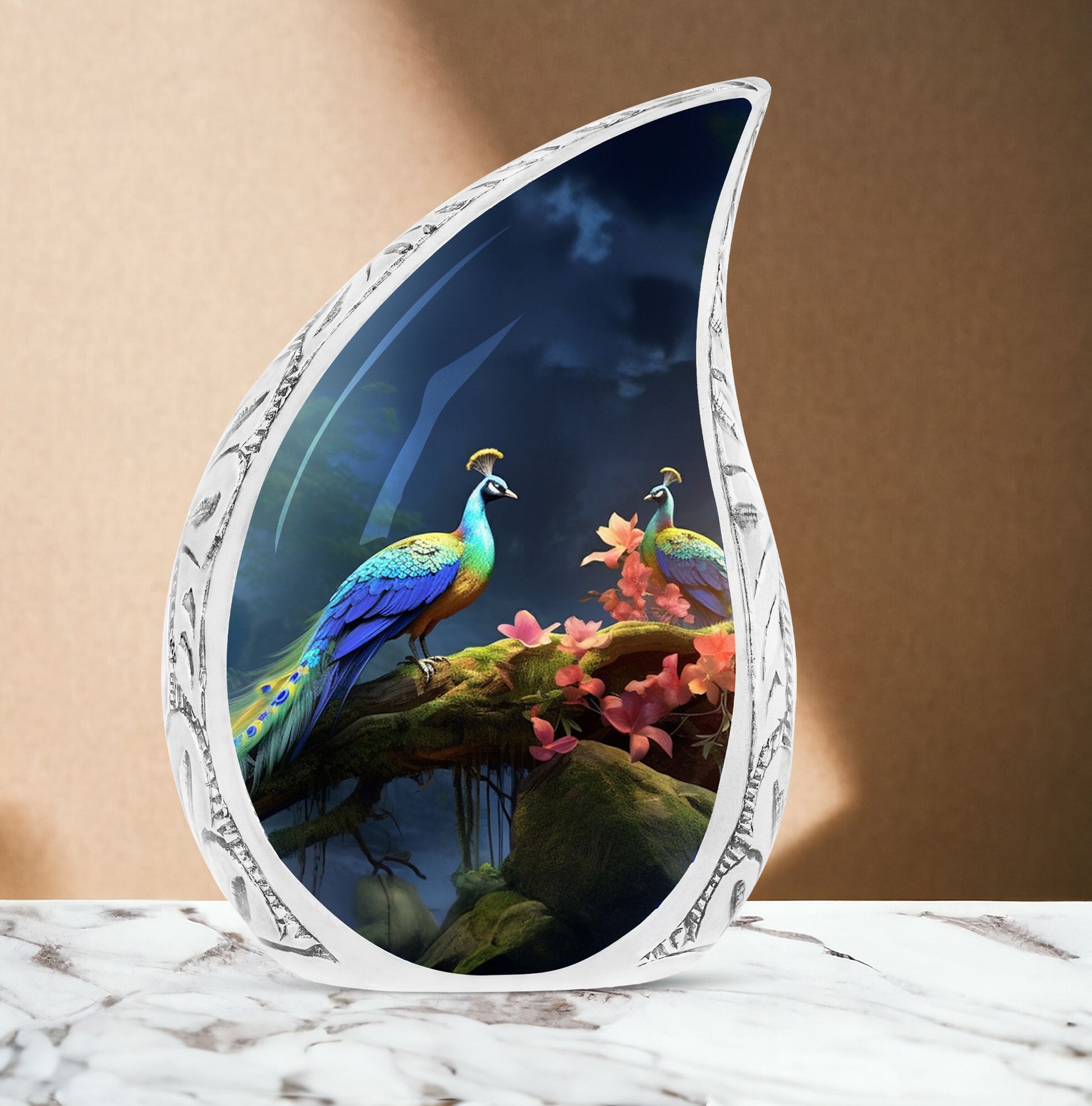 Large Peacock themed urn for ashes, suitable for women and burial in ground, representing the face-off motif in nature.