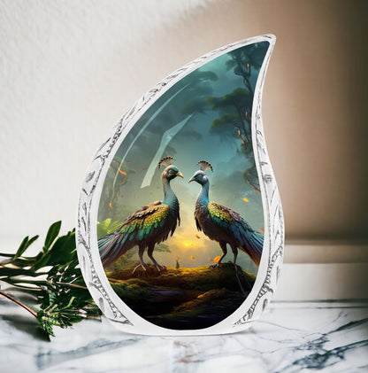 Large Peacock Due Morning urn, an ideal metal ash holder for adult human ashes