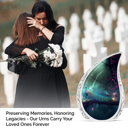 Large cremation urn adorned with three peacocks on the right, ideal memorial urn for dad