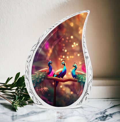 Large metal cremation urn featuring three peacock design, suitable for adult male human ashes