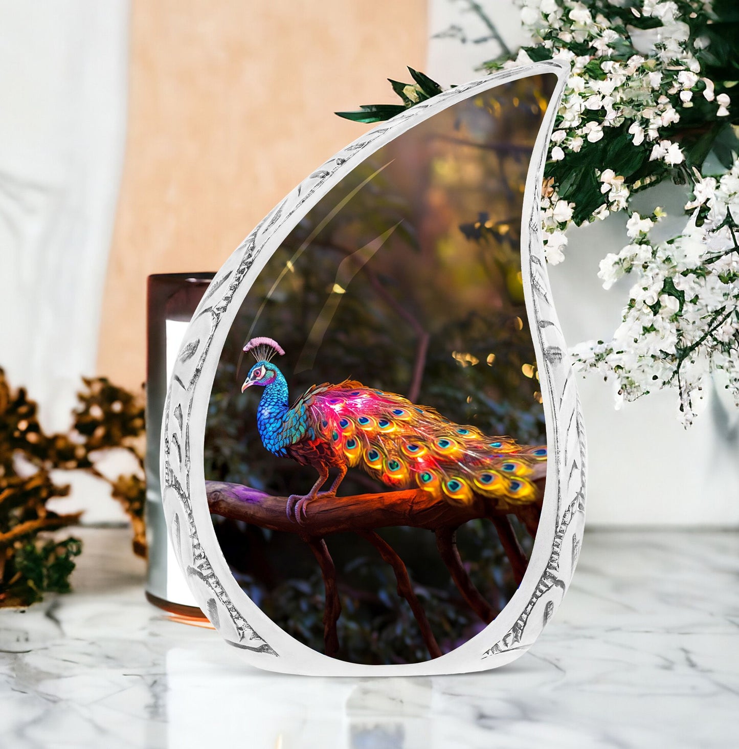 Large Peacock-themed urn for human ashes with a glowing tail, ideal for adult man's burial or cremation