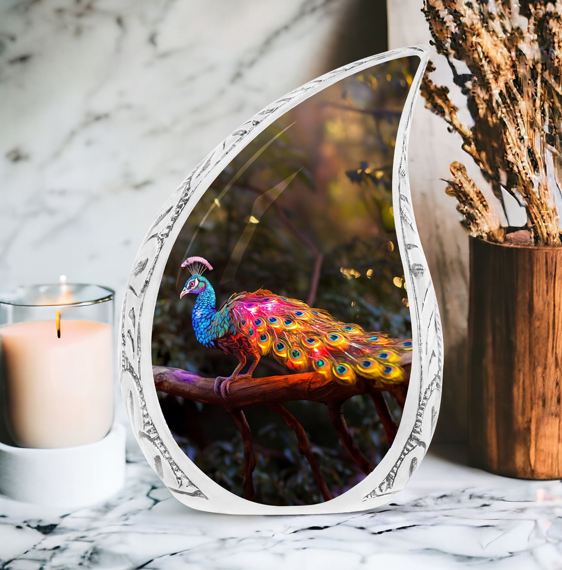 Large Peacock-themed urn for human ashes with a glowing tail, ideal for adult man's burial or cremation