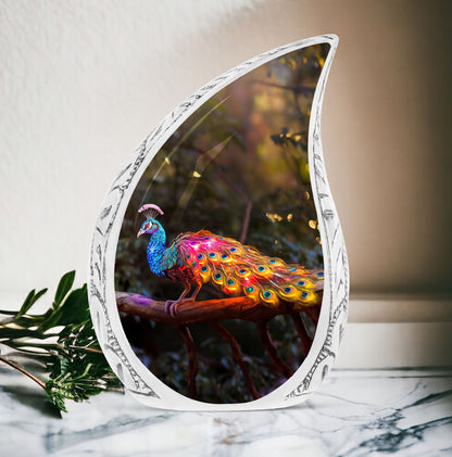 Large Peacock-themed urn for human ashes with a glowing tail, ideal for adult man's burial or cremation