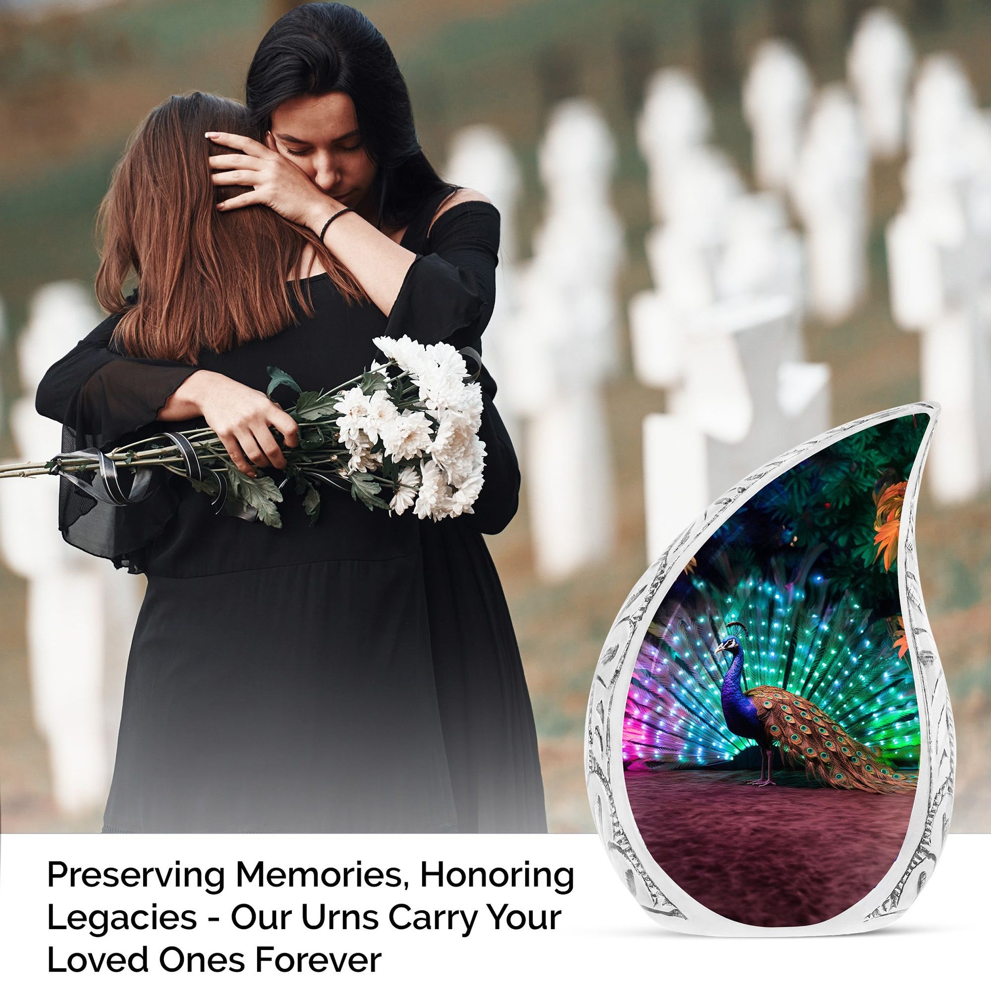 Large, unique, rainbow-colored peacock-themed cremation urn for adult female human ashes.