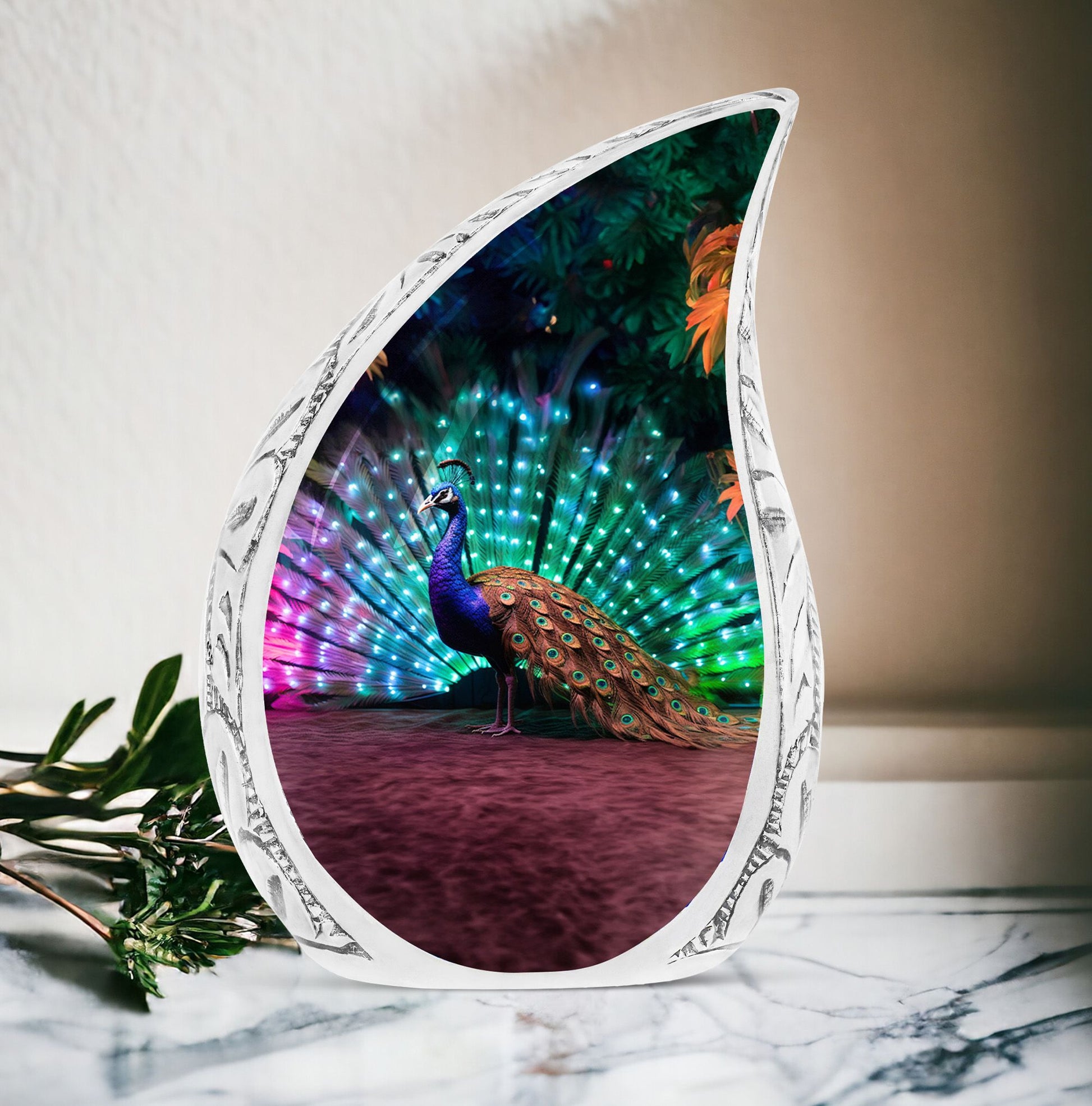 Large, unique, rainbow-colored peacock-themed cremation urn for adult female human ashes.