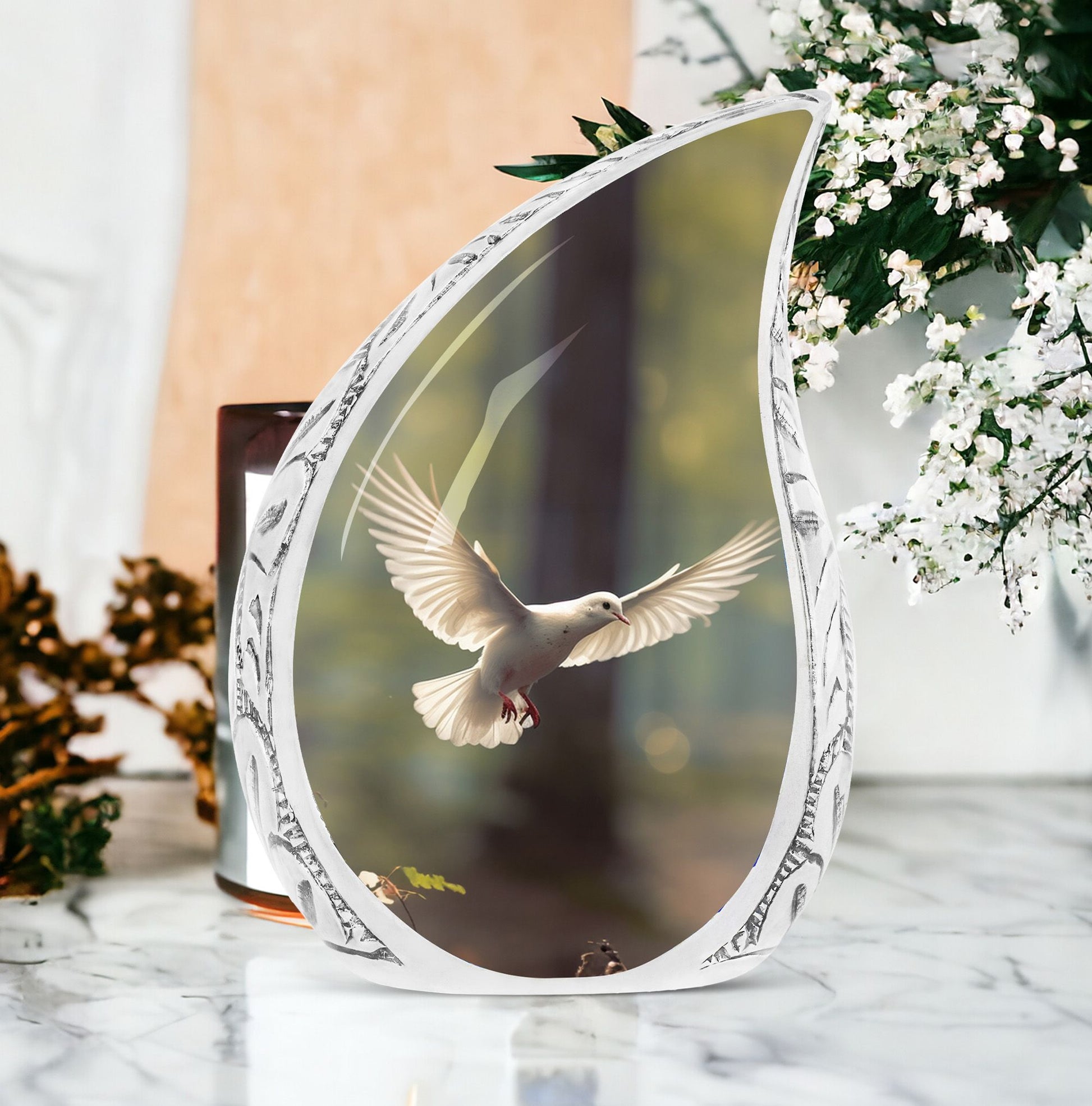 Large urn for adult ashes with Dove flying theme, ideal for funeral decorations and cremation ceremonies