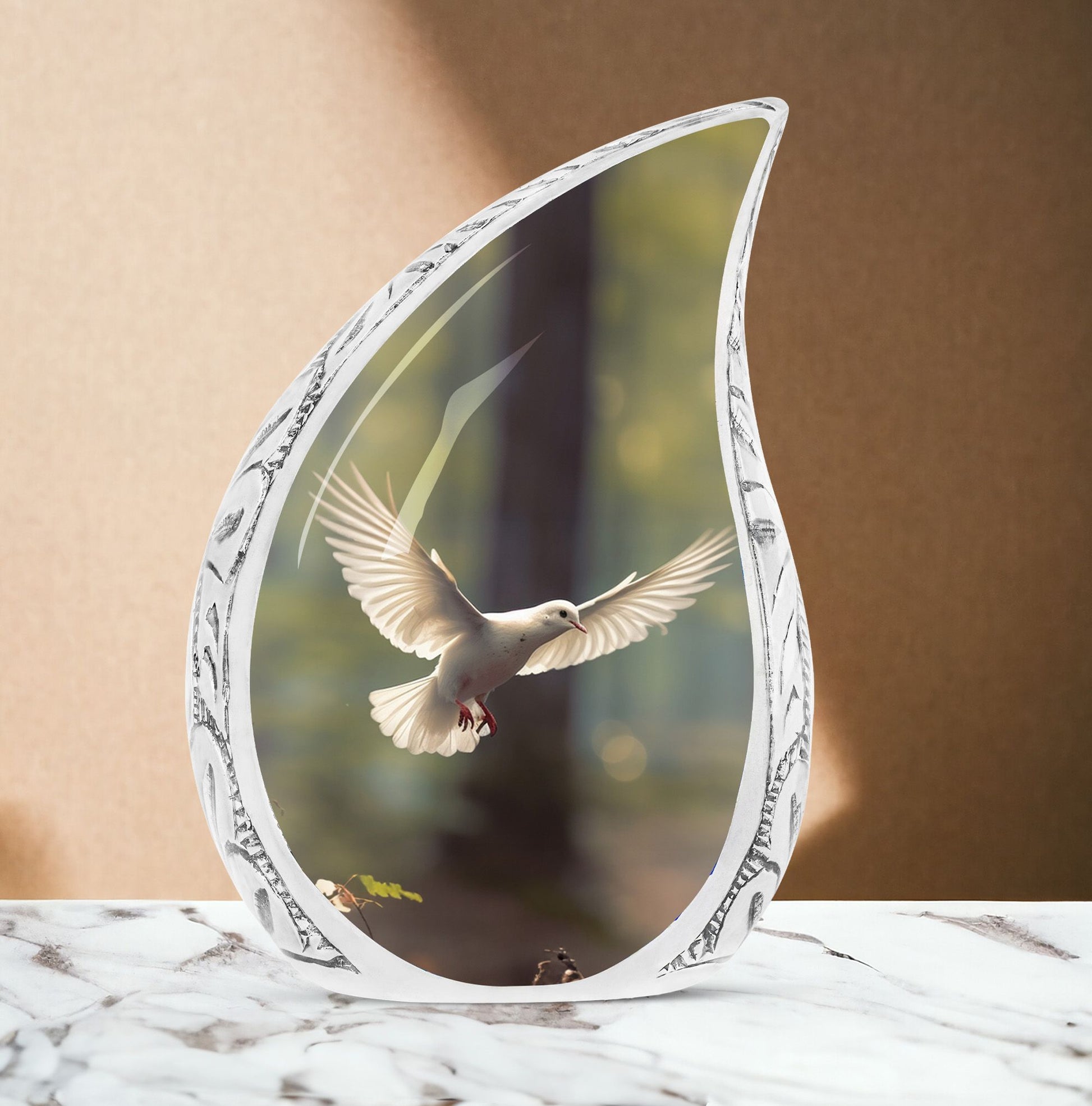 Large urn for adult ashes with Dove flying theme, ideal for funeral decorations and cremation ceremonies