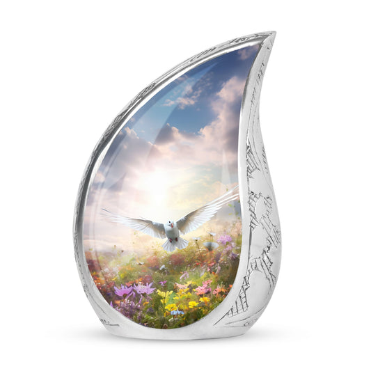 Large Dove Urn featuring a dove flying over a vibrant field of flowers, perfect for adult cremation ashes.