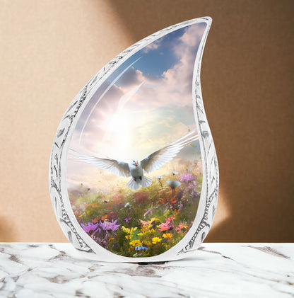 Large Dove Urn featuring a dove flying over a vibrant field of flowers, perfect for adult cremation ashes.