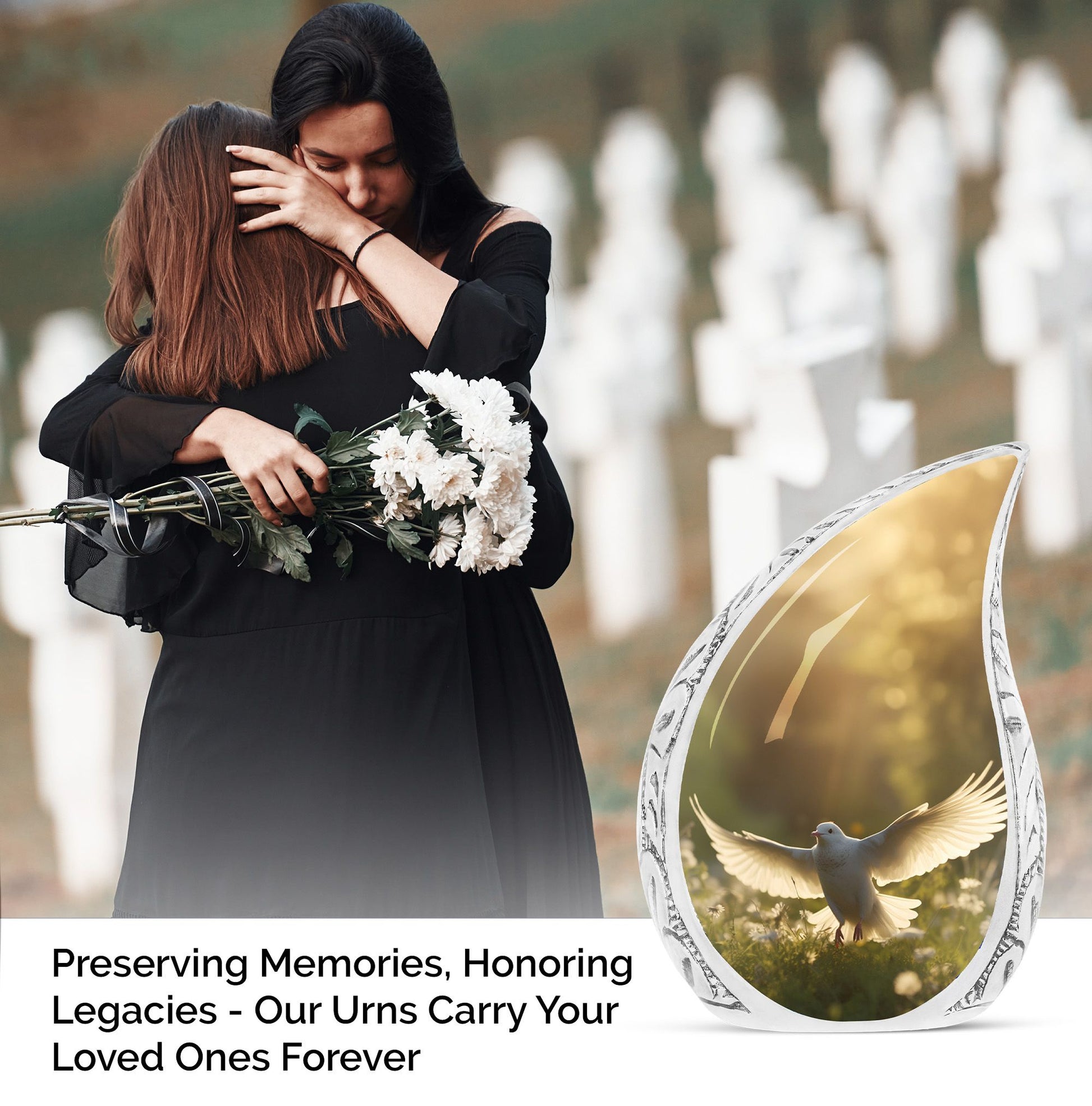 Large urn themed with dove and white flowers for adult human ashes, suitable for cremation and funeral needs