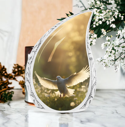 Large urn themed with dove and white flowers for adult human ashes, suitable for cremation and funeral needs