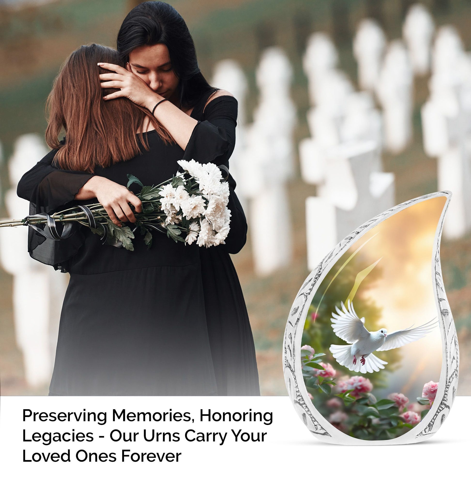 Large Dove Urn decorated with roses, ideal companion urn for memorial services