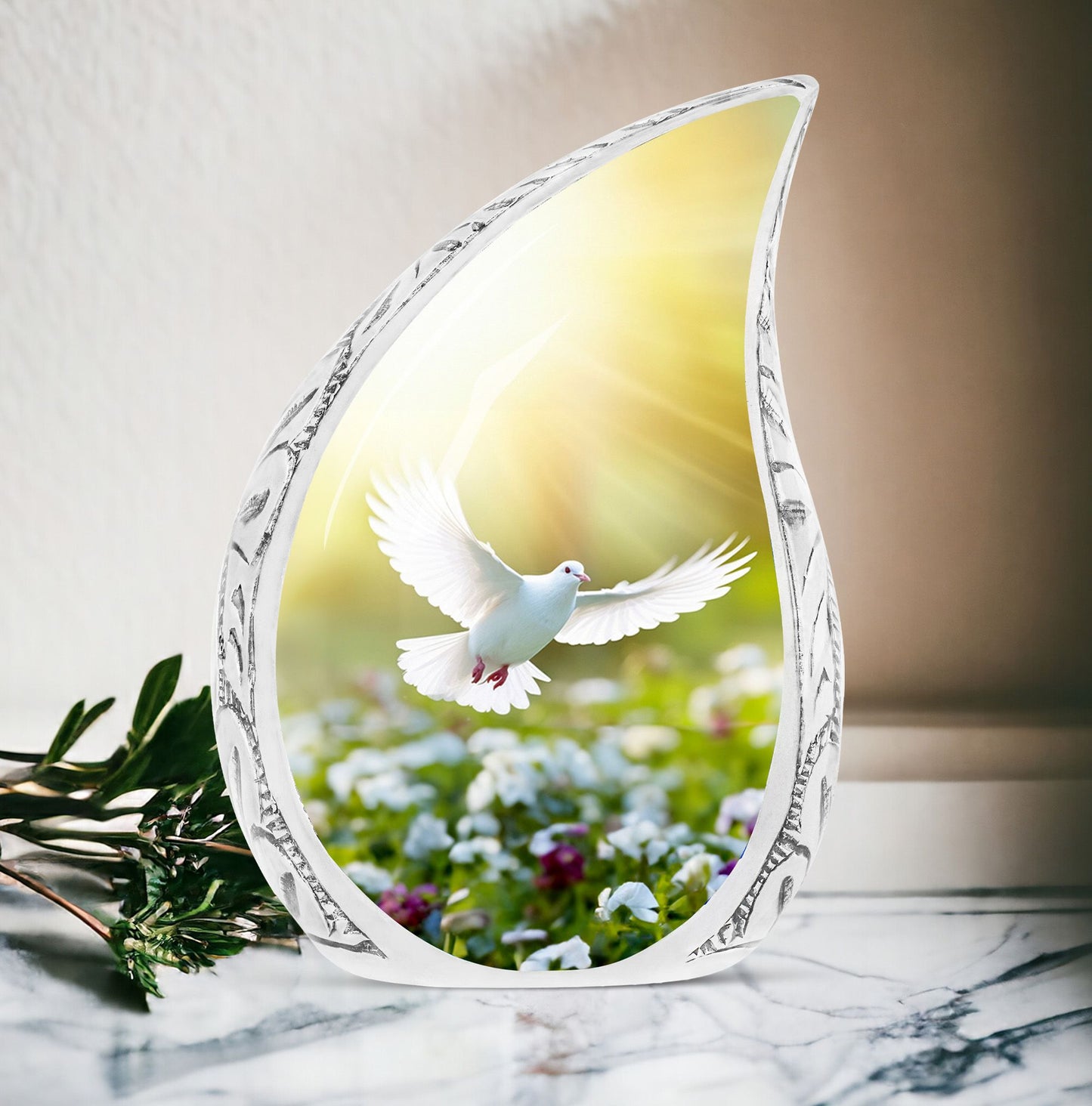 Large dove urn featuring white dove and colorful flowers, ideal for storing adult human ashes