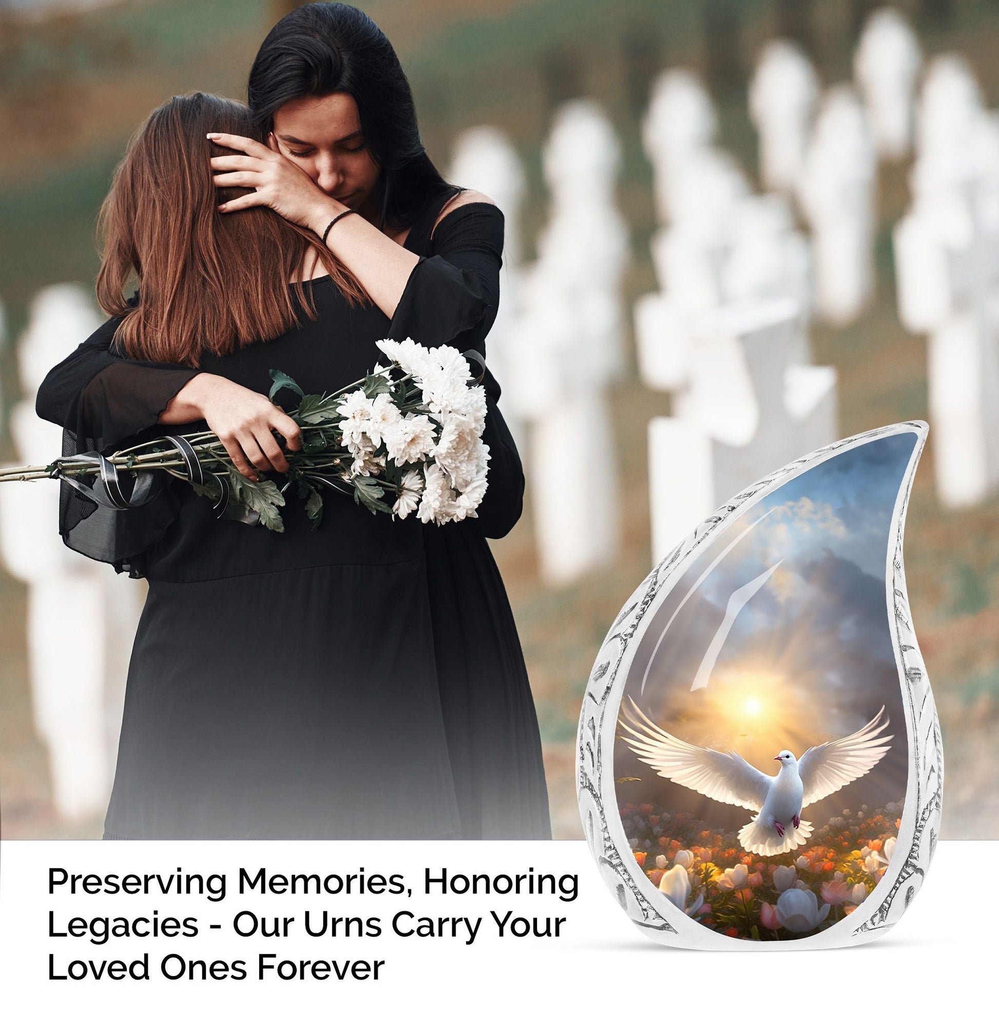 Large dove-themed metal urn symbolizing hope, ideal for cremation ashes, particularly for women and mothers