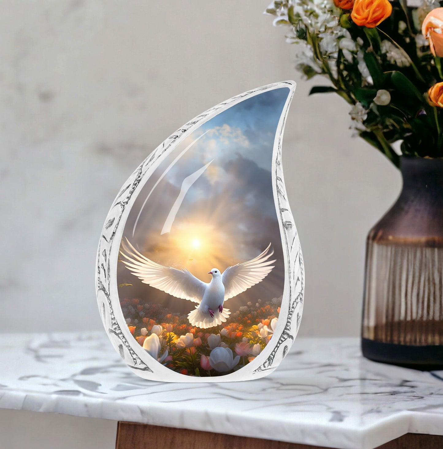 Large dove-themed metal urn symbolizing hope, ideal for cremation ashes, particularly for women and mothers
