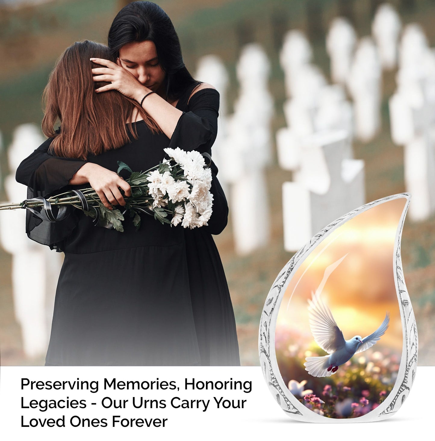 Large Dove-themed cremation urn with dove flying near flowers, a sophisticated urn choice for human ashes