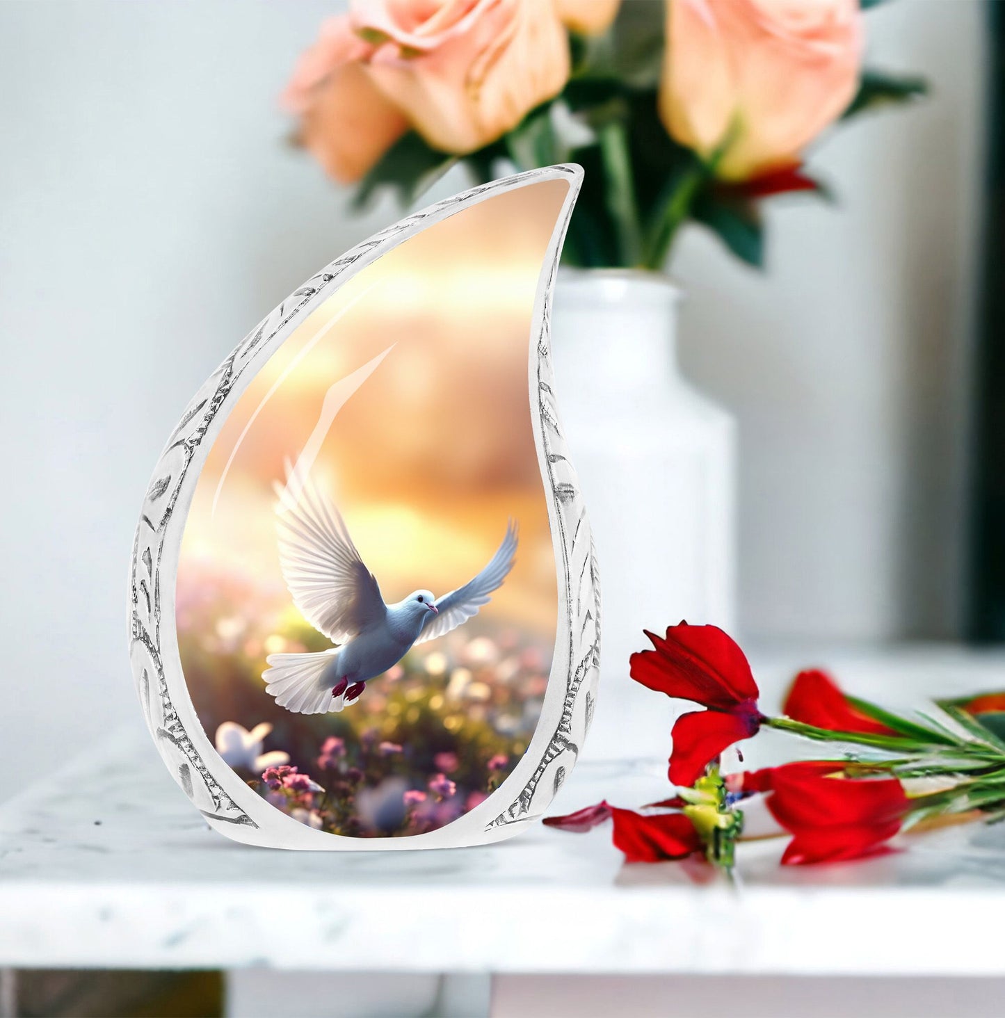 Large Dove-themed cremation urn with dove flying near flowers, a sophisticated urn choice for human ashes