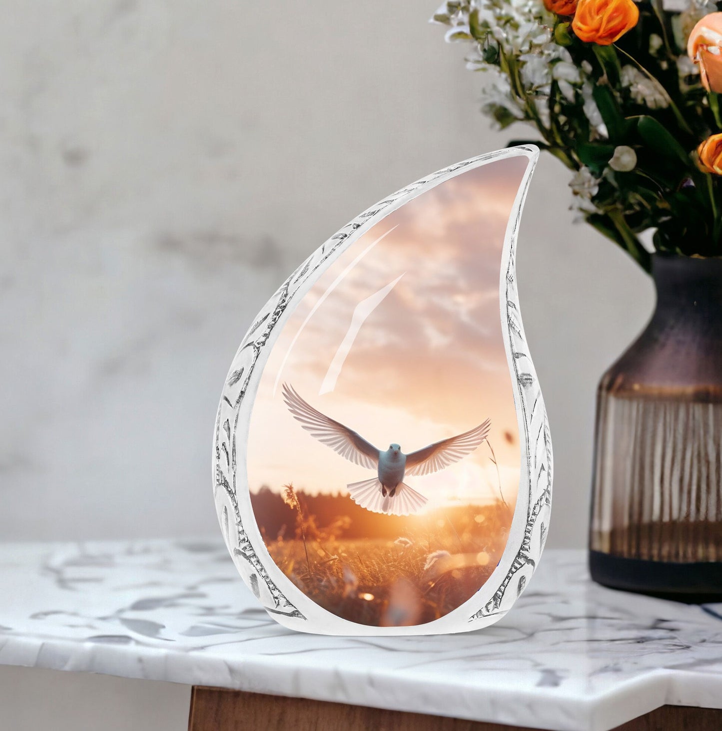 Large dove urn depicting a peaceful evening flight, ideal for adult human ashes storage or funeral decor.