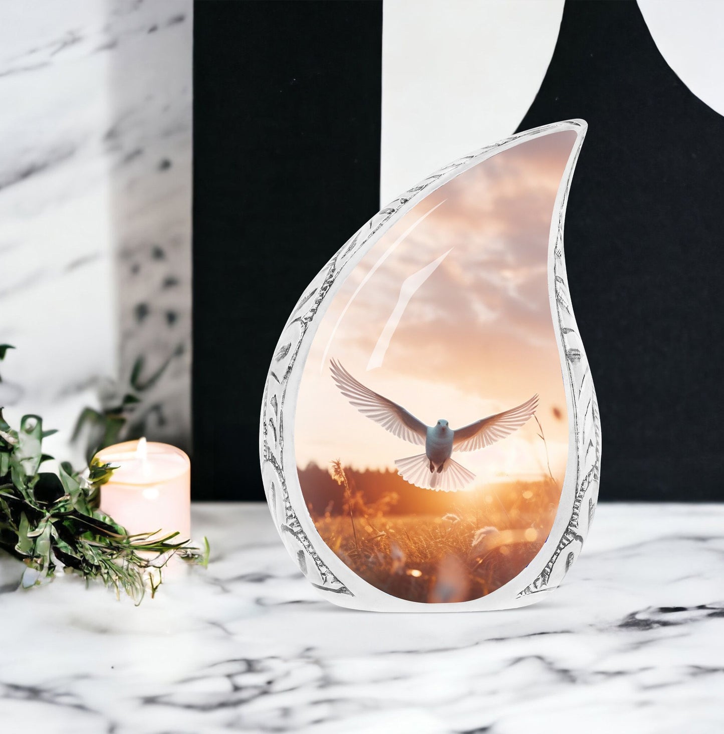 Large dove urn depicting a peaceful evening flight, ideal for adult human ashes storage or funeral decor.