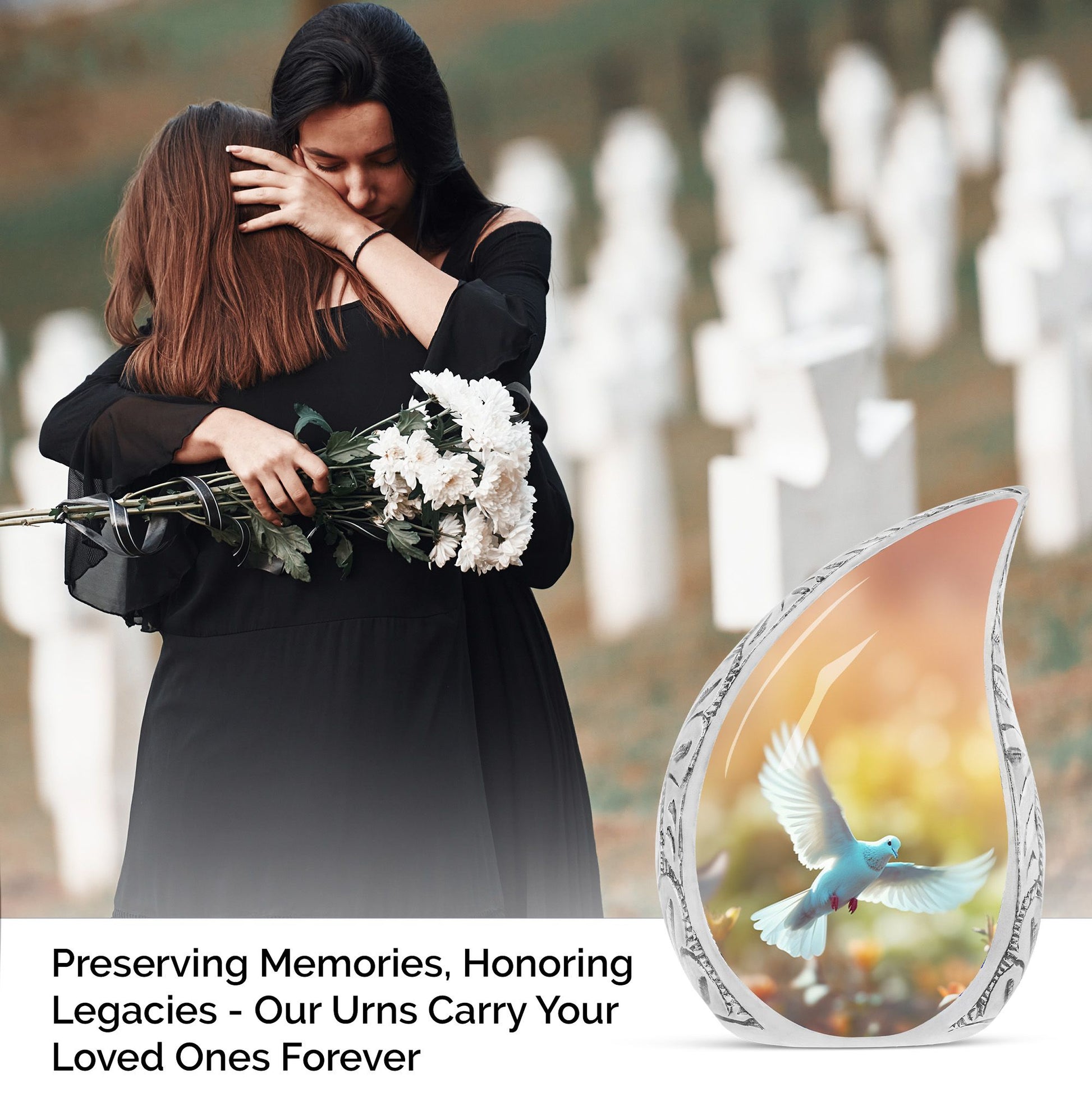 Large Dove Urn adorned with white dove and yellow flowers, ideal for human ashes adult female, perfect as a burial urn for cremated remains.
