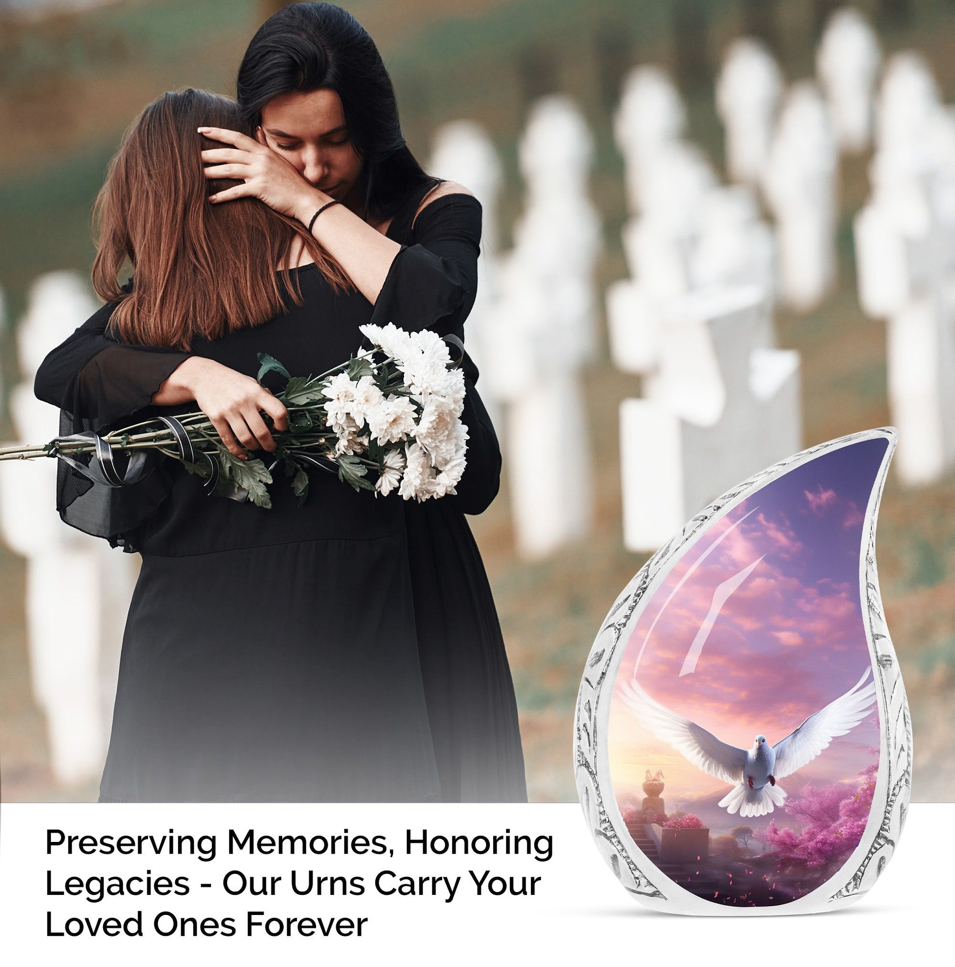 Large Dove and Cherry Blossom-themed Urn for adults, useful for cremation and as a memorial for ashes