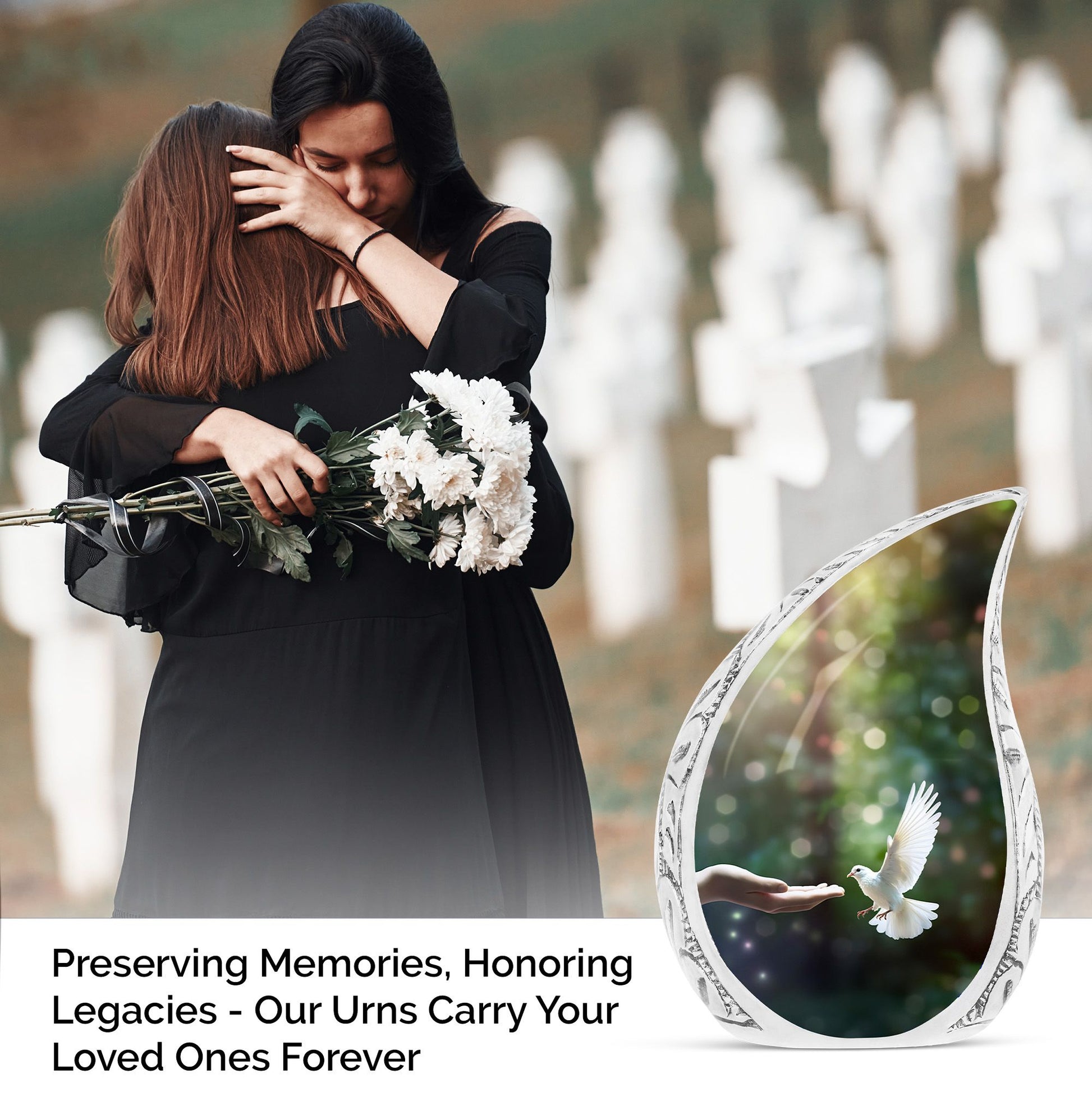 Large Dove-themed cremation urn with a design of a flying dove close to hands, suitable for human ashes