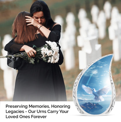 Large Dove urn on ocean background, perfect for adult female cremation ashes, metal crafted and decorative