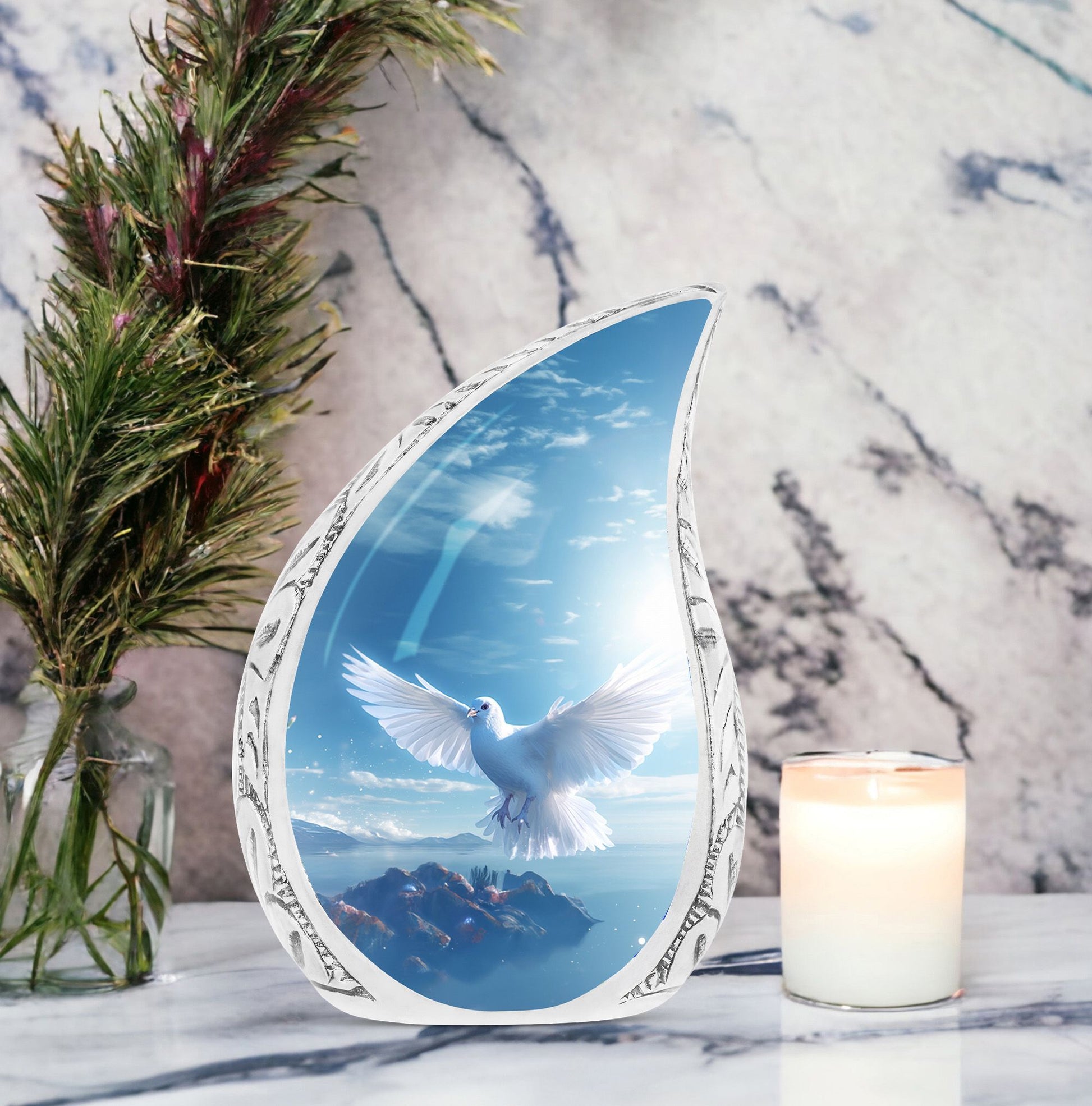 Large Dove urn on ocean background, perfect for adult female cremation ashes, metal crafted and decorative
