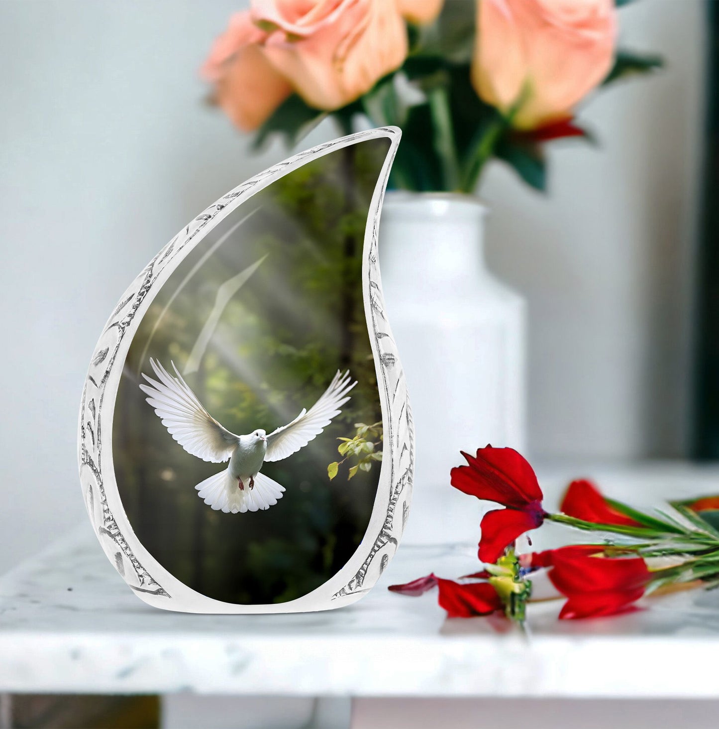 Large Dove-themed cremation urn with peaceful dove design against a dark background, perfect for adult human ashes