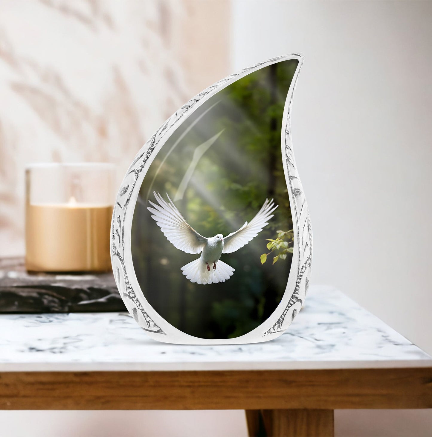 Large Dove-themed cremation urn with peaceful dove design against a dark background, perfect for adult human ashes