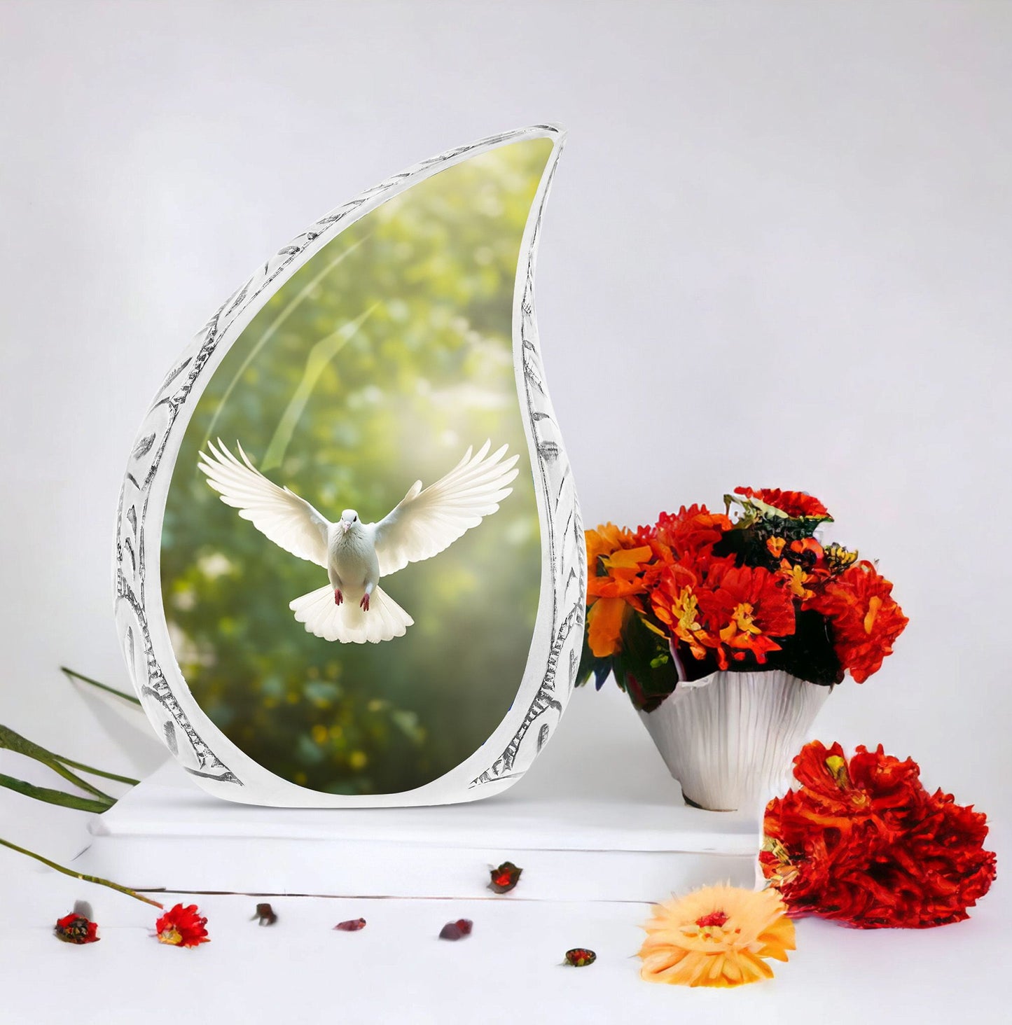 Large Dove urn, unique cremation container for human ashes with light background