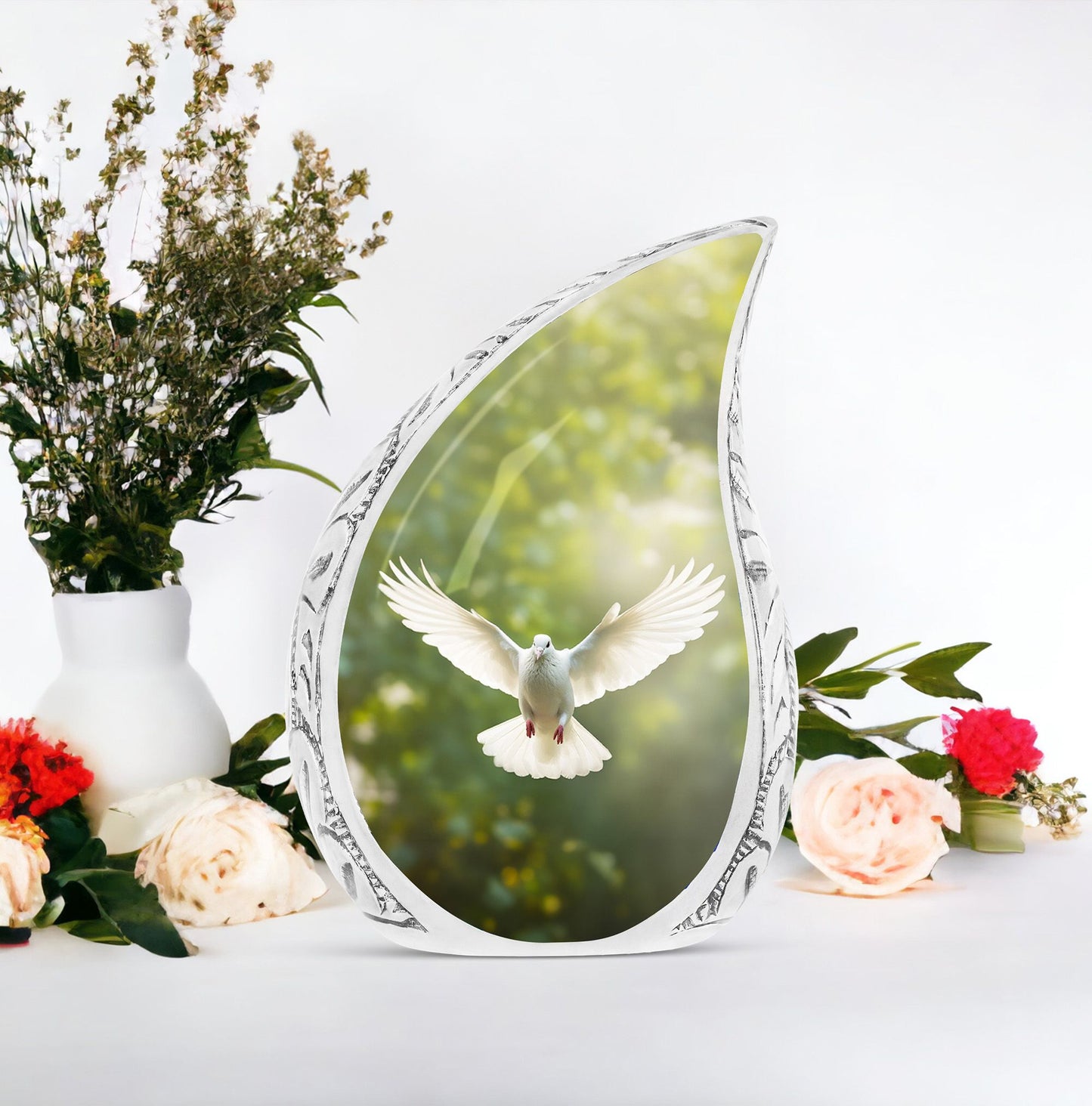 Large Dove urn, unique cremation container for human ashes with light background
