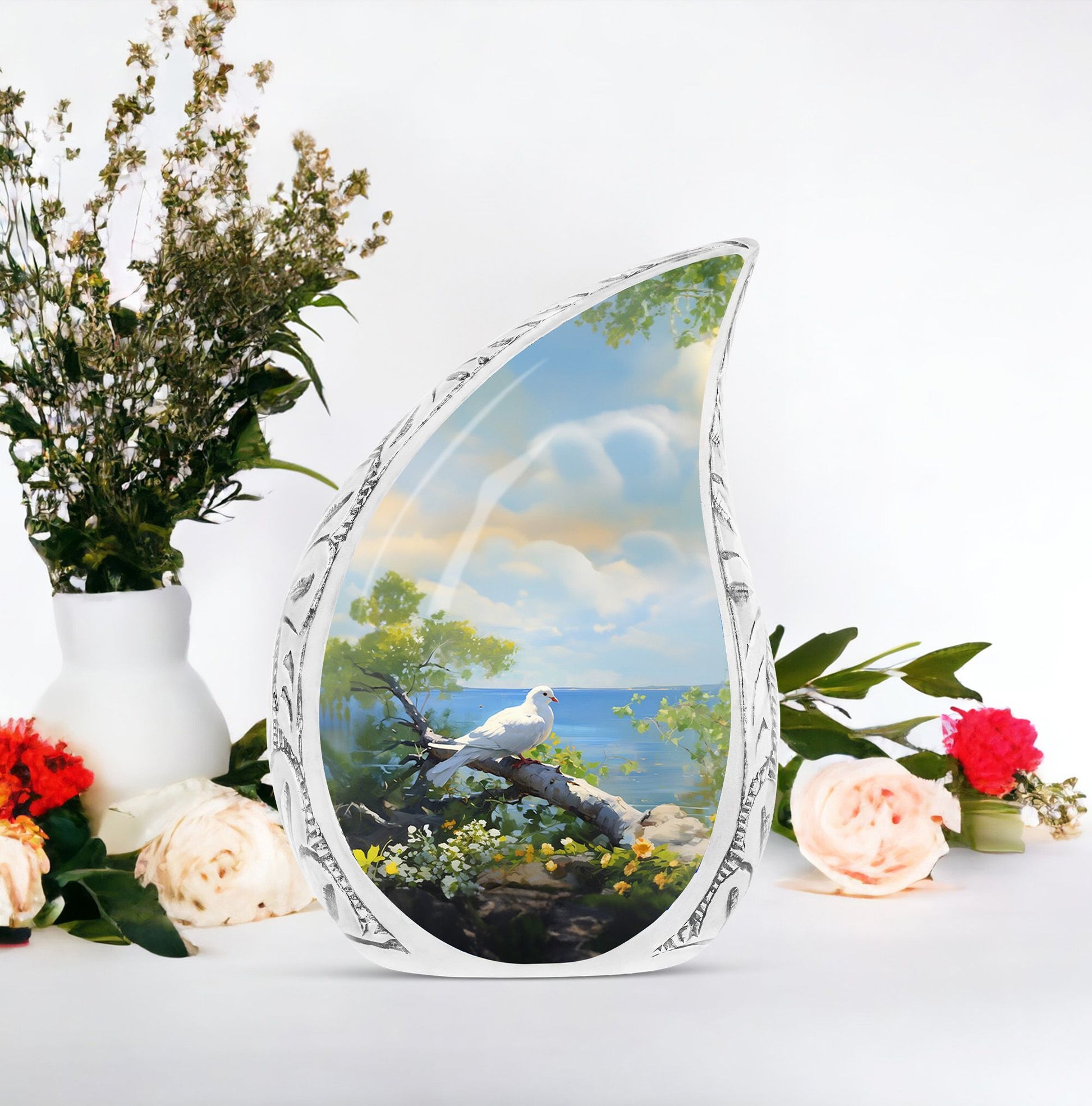 Large Dove Urn elegantly placed on a tree, ideal for adult human ashes, fitting for funeral decoration purposes