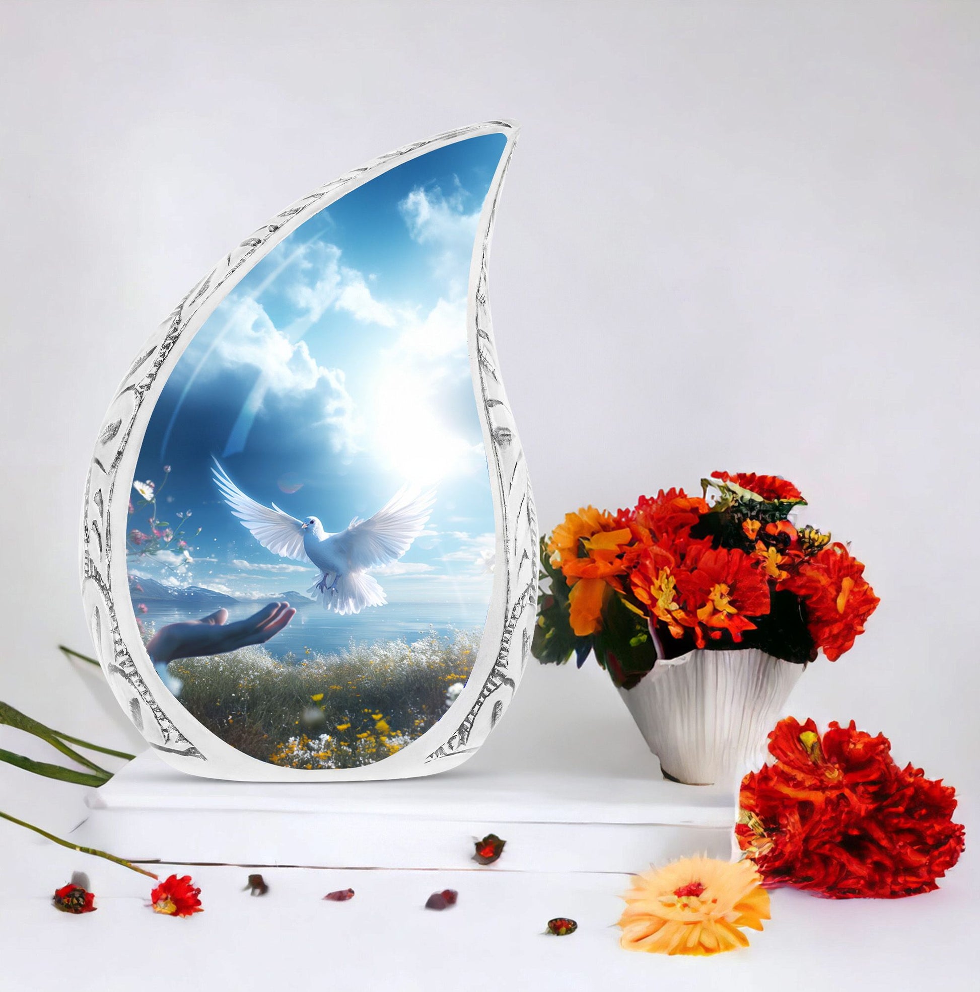 Large Dove-themed cremation urns for men, unique Dove flying close to hands urns for human adult ashes