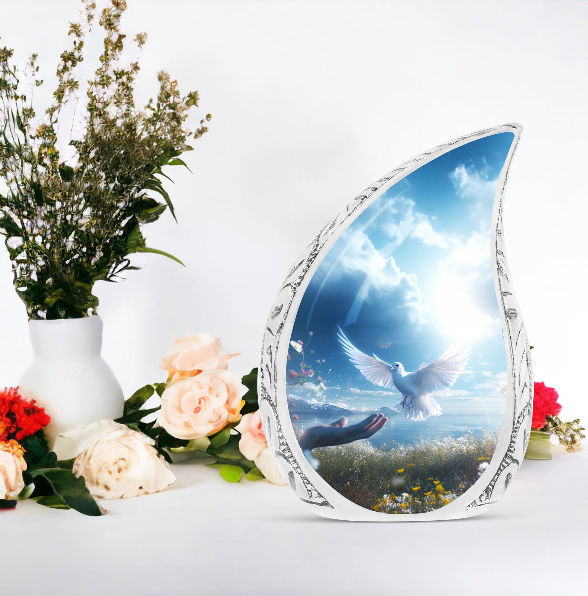 Large Dove-themed cremation urns for men, unique Dove flying close to hands urns for human adult ashes