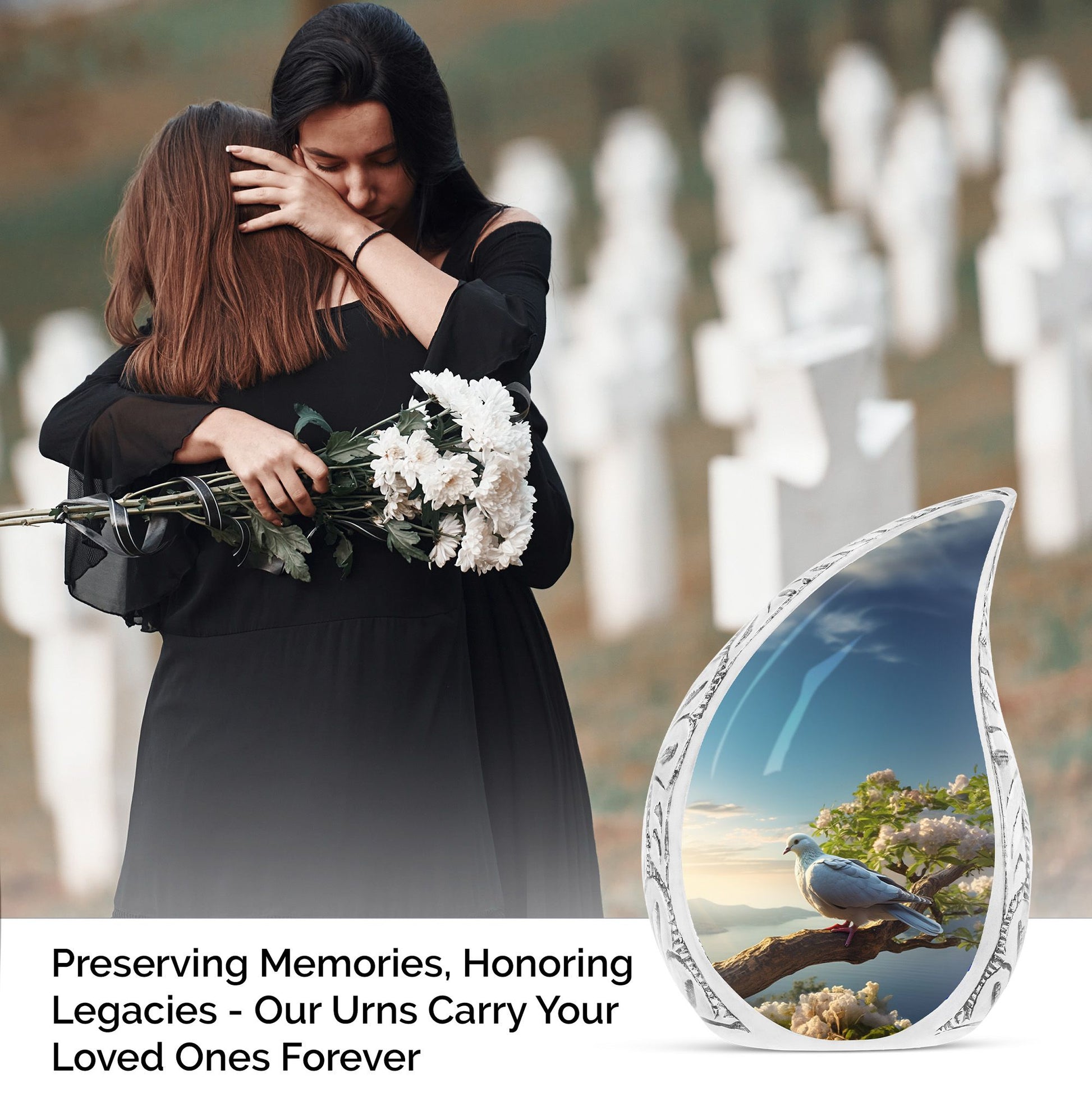 Large cremation urn adorned with dove on tree design, suitable for preserving adult male human ashes