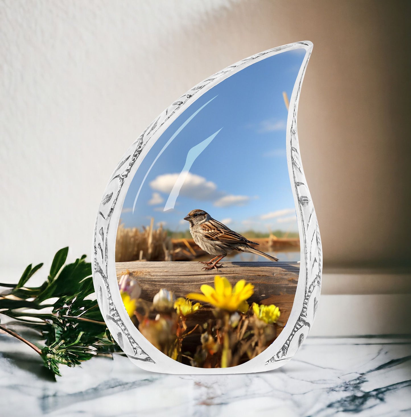 Large Sparrow Urn on wooden log, Unique medium-sized urn for human ashes, Ideal for funeral decorations